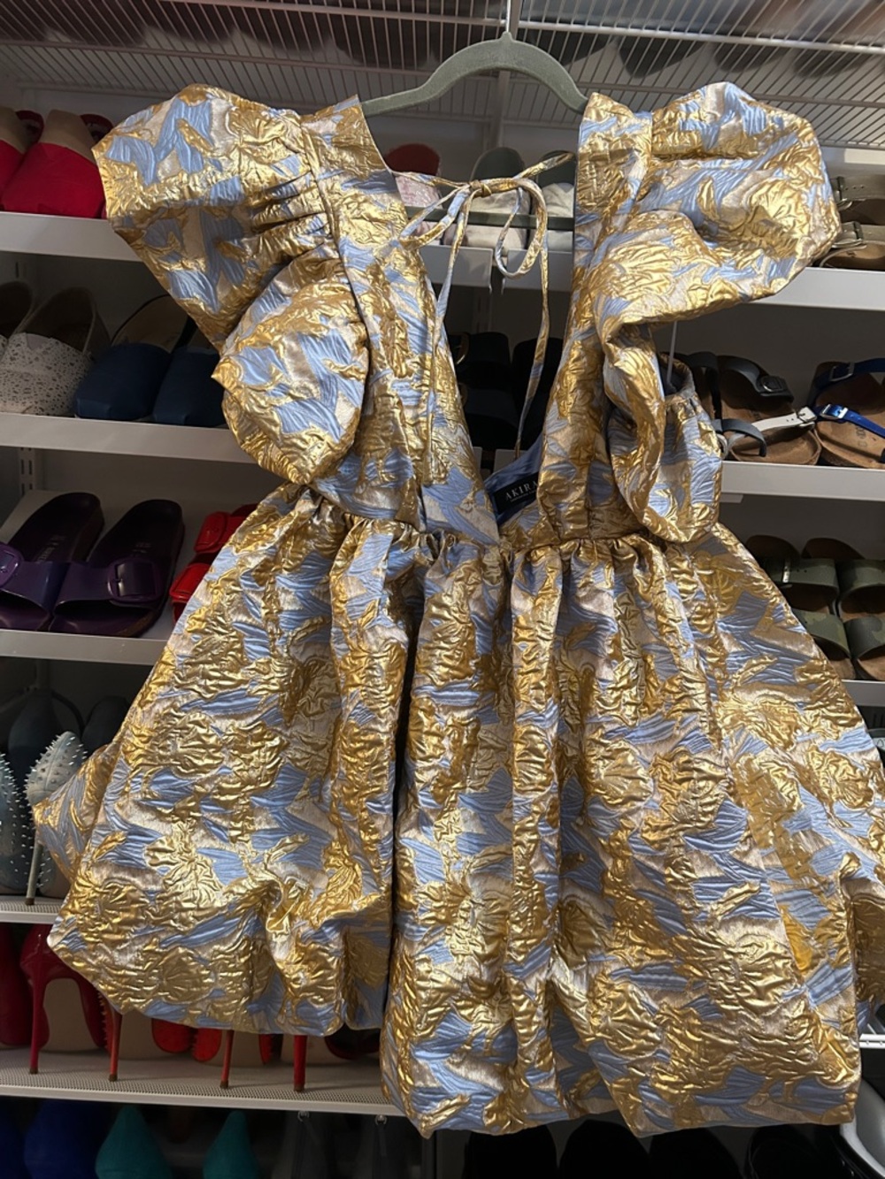 AKIRA Belle Of The Ball Mini Gold and Light Blue Jacquard Dress